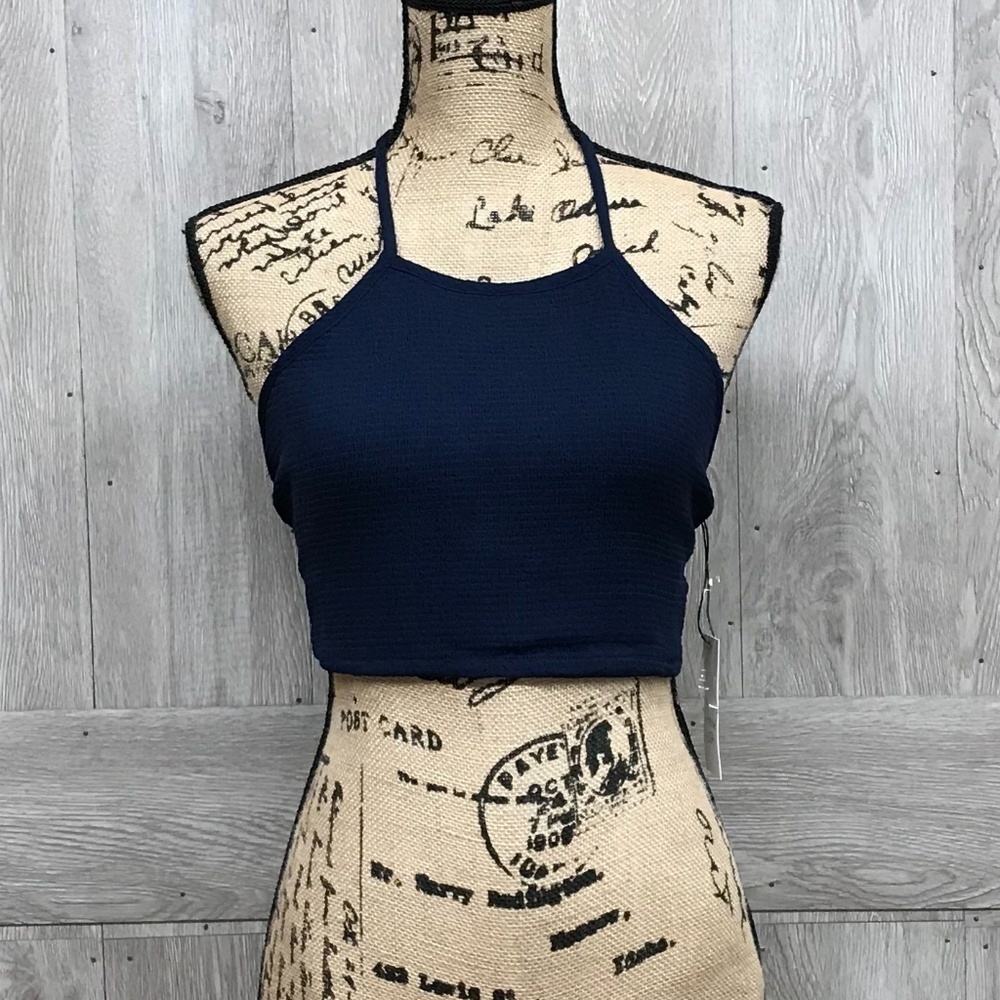 Halter Neck Waist Ribbon Tie Crop Navy Top BB387